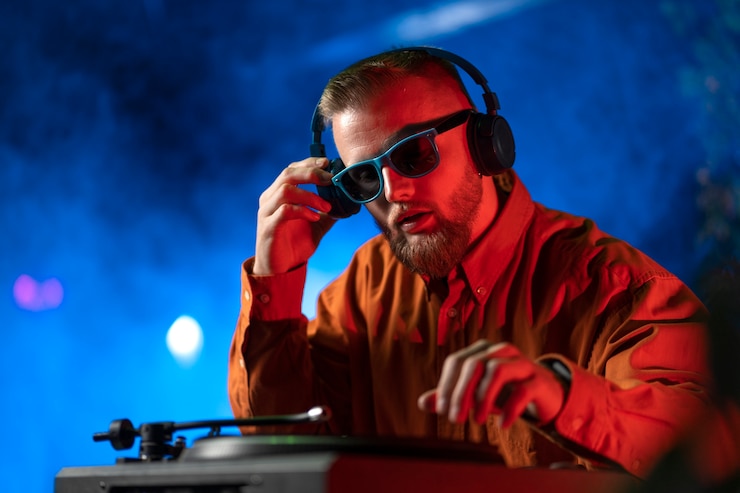 Photo gratuit un jeune dj à la fête techno.