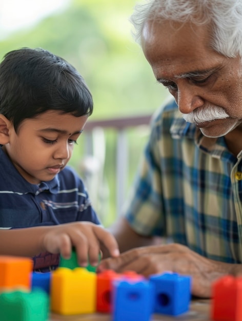 Photo gratuite un jeune enfant autiste joue avec sa famille