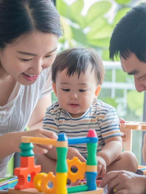 Photo gratuite un jeune enfant autiste joue avec sa famille