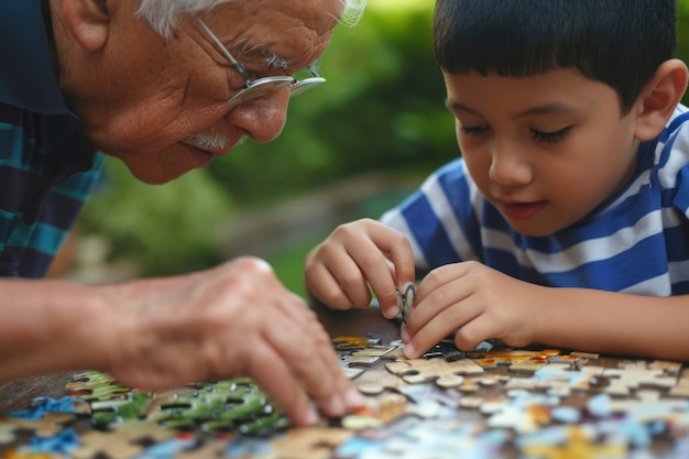 Photo gratuite un jeune enfant autiste joue avec sa famille