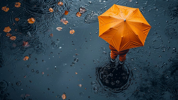 Photo gratuit un jeune enfant jouant du bonheur de l'enfance dans une flaque d'eau après la pluie.