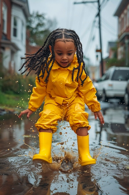 Photo gratuite un jeune enfant jouant du bonheur de l'enfance dans une flaque d'eau après la pluie.