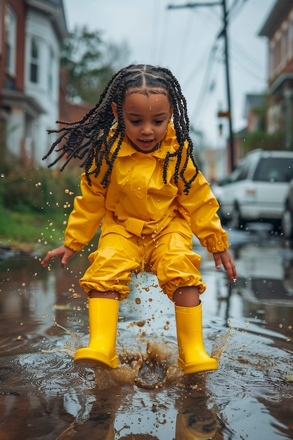 Un jeune enfant jouant du bonheur de l'enfance dans une flaque d'eau après la pluie.