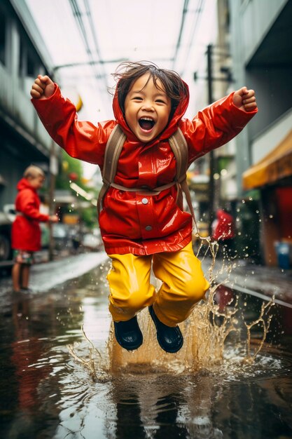 Un jeune enfant jouant du bonheur de l'enfance dans une flaque d'eau après la pluie.