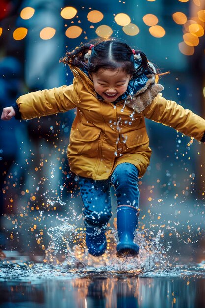 Un jeune enfant jouant du bonheur de l'enfance dans une flaque d'eau après la pluie.