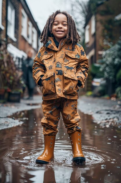 Un jeune enfant jouant du bonheur de l'enfance dans une flaque d'eau après la pluie.