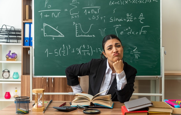 Une jeune enseignante fatiguée est assise à table avec des fournitures scolaires mettant le poing sous le menton en classe