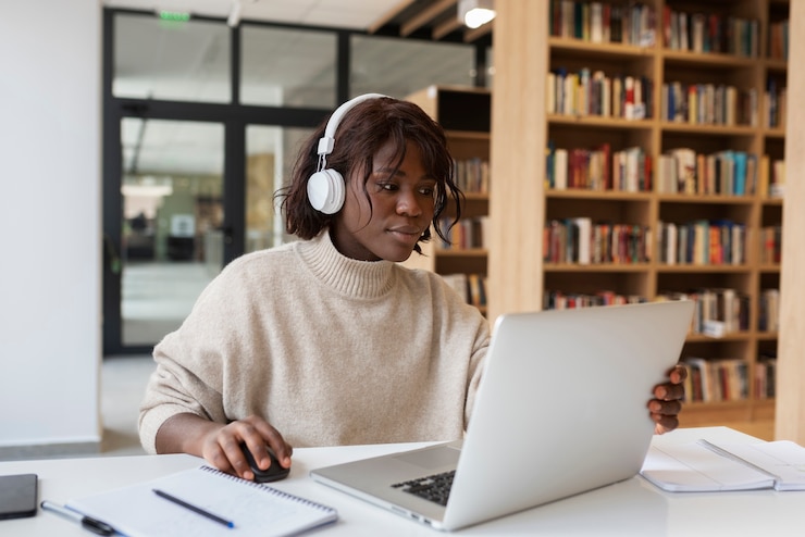 Photo gratuit jeune étudiant apprenant dans la bibliothèque