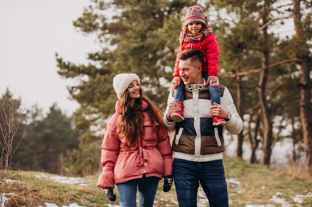 Jeune famille marchant ensemble dans la forêt à l'heure d'hiver