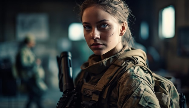 Photo gratuite jeune femme adulte en uniforme militaire debout en toute confiance générée par l'ia