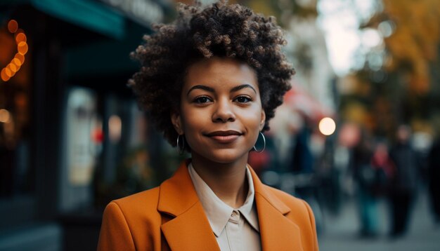 Jeune femme d'affaires confiante debout dans la ville souriante générée par l'IA