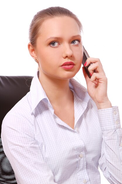 Jeune, femme affaires, conversation téléphone