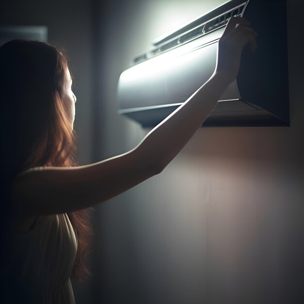 Photo gratuite une jeune femme allume le climatiseur dans la pièce sombre à la maison.