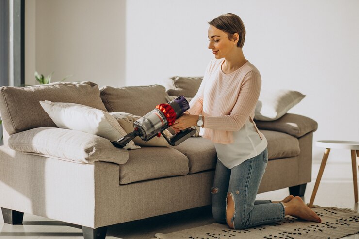 Photo gratuit jeune femme avec un aspirateur rechargeable nettoyant à la maison