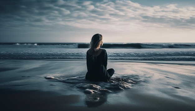 Photo gratuite jeune femme assise dans la solitude profitant du coucher de soleil généré par l'ia