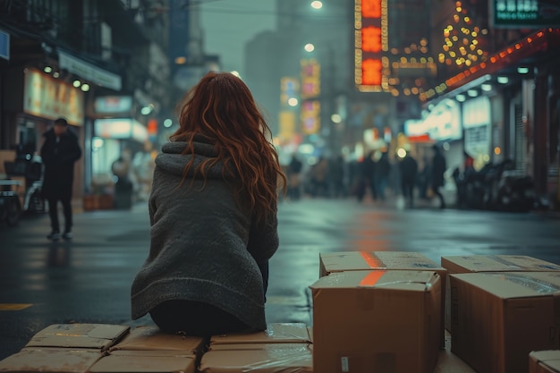 Photo gratuite une jeune femme aux cheveux roux dans la rue.