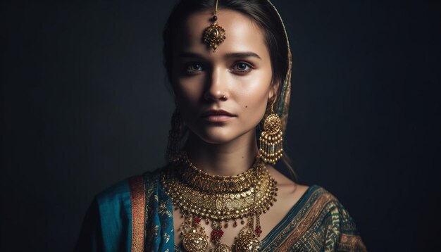 Une jeune femme en bijoux en or respire l'élégance générée par l'IA