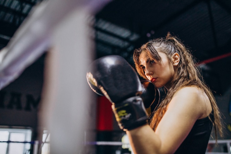 Photo gratuit jeune femme boxeur s'entraînant au gymnase