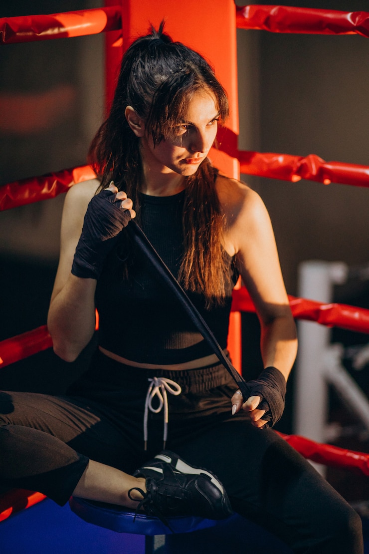 Photo gratuit jeune femme boxeur s'entraînant au gymnase