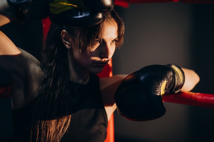 Photo gratuit jeune femme boxeur s'entraînant au gymnase