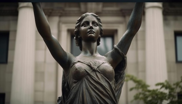 Photo gratuite jeune femme debout devant une statue générée par l'ia