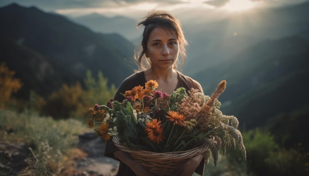 Jeune femme debout tenant un bouquet à la confiance générée par l'IA