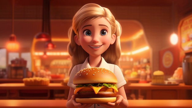 Photo gratuite jeune femme de dessin animé avec un hamburger