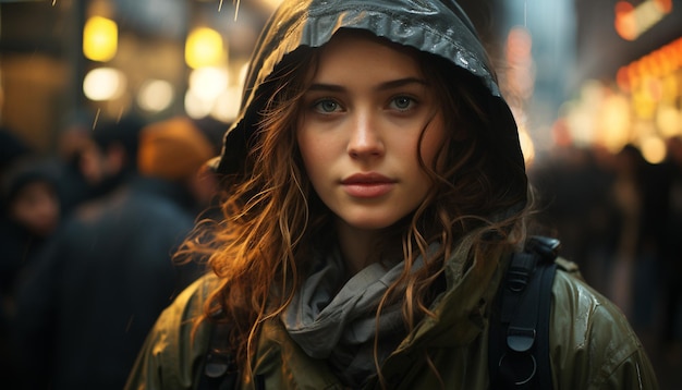 Photo gratuite une jeune femme éclairée par des lampadaires souriant sous la pluie générée par l'intelligence artificielle