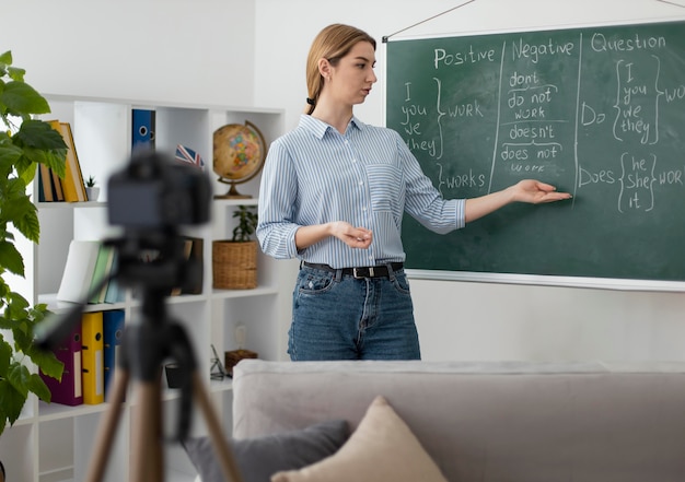 Jeune femme enseignant aux étudiants en classe d'anglais en ligne