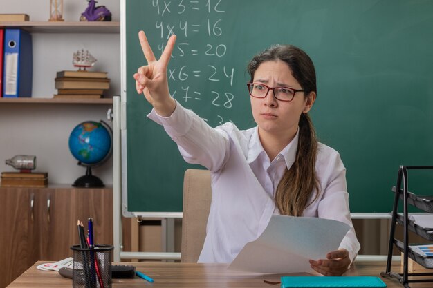 Jeune femme enseignant portant des lunettes assis au bureau de l'école avec des pages vierges vérification du travail à domicile montrant le numéro deux avec les doigts d'être mécontent devant le tableau noir en classe