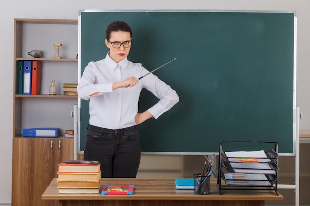 Jeune femme enseignante portant des lunettes tenant un pointeur tout en expliquant la leçon à l'air confiante avec un visage sérieux fronçant les sourcils debout au bureau de l'école devant le tableau noir dans la salle de classe