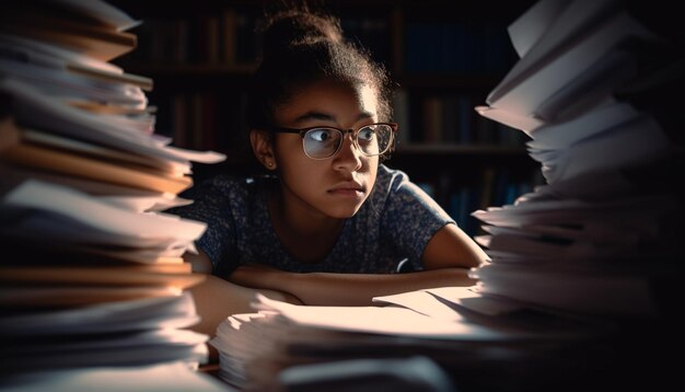 Photo gratuite jeune femme étudiant en bibliothèque entourée de livres générés par l'ia