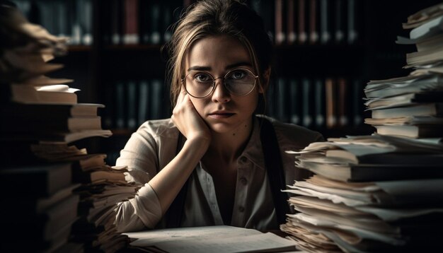 Jeune femme étudiant la littérature dans un portrait de bibliothèque généré par l'IA