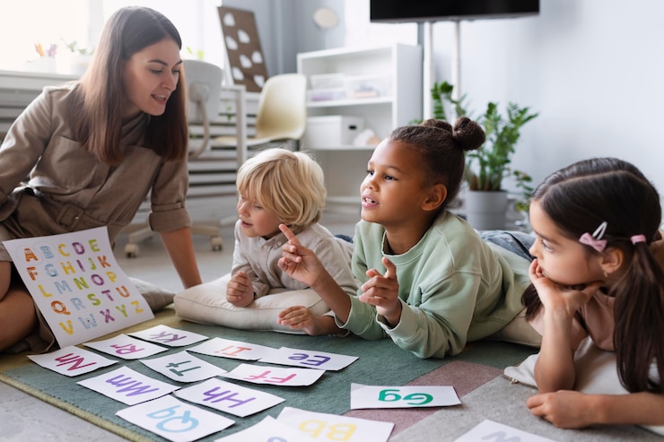 Photo gratuit une jeune femme fait de la orthophonie avec des enfants.