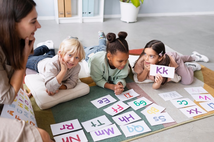 Photo gratuit une jeune femme fait de la orthophonie avec des enfants.