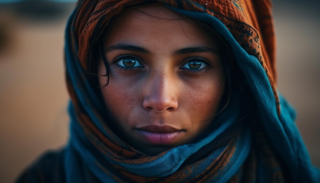 Jeune femme en foulard souriant à l'extérieur en toute confiance IA générative