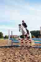 Photo gratuite jeune femme jockey sur cheval gris pommelé sautant par-dessus l'obstacle dans l'arène ouverte.