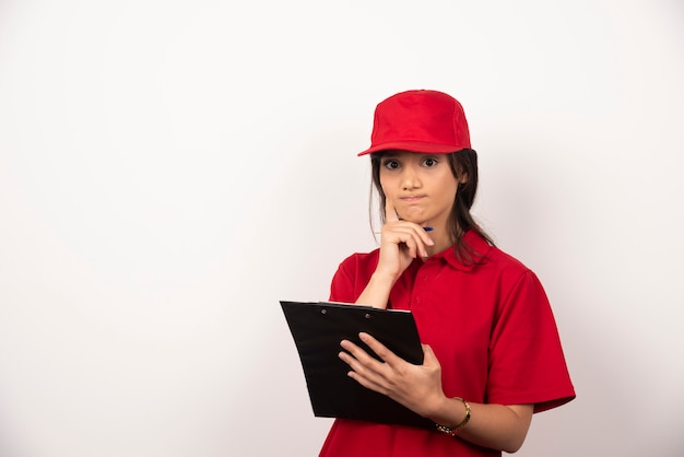 Jeune femme de livraison en uniforme rouge avec presse-papiers sur fond blanc.