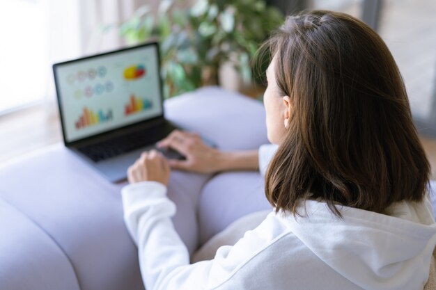 Jeune femme à la maison sur un canapé dans un sweat à capuche blanc avec un ordinateur portable, conseillère en analyse d'affaires financières femme avec des graphiques de tableau de bord de données