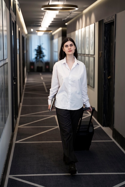 Jeune femme marchant vers sa chambre d'hôtel