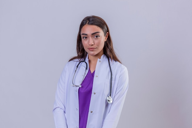 Jeune femme médecin en blouse blanche avec phonendoscope debout avec visage sérieux regardant la caméra sur fond isolé blanc