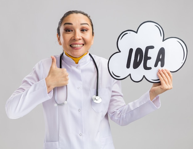 Jeune femme médecin en blouse blanche avec stéthoscope autour du cou tenant une bulle de dialogue avec une idée de mot souriante montrant les pouces vers le haut debout sur un mur blanc