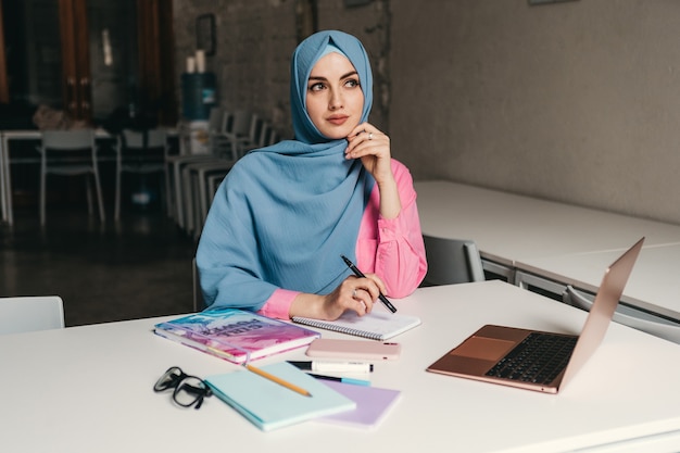 Jeune femme musulmane assez moderne en hijab travaillant sur ordinateur portable dans la salle de bureau, éducation en ligne