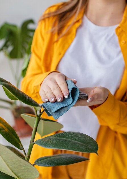 Jeune femme prenant soin des plantes vertes