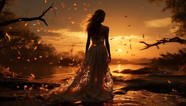 Photo gratuite une jeune femme profite du coucher de soleil reflétant la beauté et la tranquillité générées par l'intelligence artificielle
