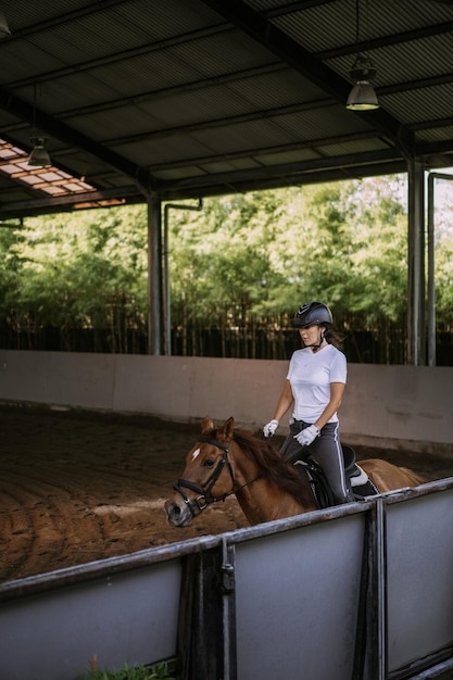 Photo gratuite une jeune femme s'entraîne à l'équitation dans l'arène. jeune femme caucasienne en vêtements formels faisant de l'équitation à travers l'arène sablonneuse. un cheval de race pour le sport équestre. la sportive à cheval