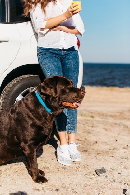 Jeune femme avec son chien à la plage