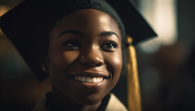 Une jeune femme souriante avec confiance à l'extérieur générée par l'IA