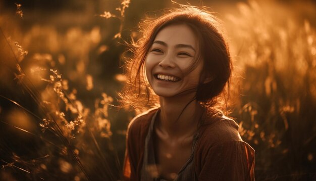 Jeune femme souriante dans la beauté de la nature générée par l'IA