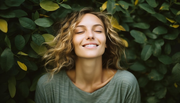 Une jeune femme souriante à l'extérieur profitant de la beauté de la nature générée par l'intelligence artificielle